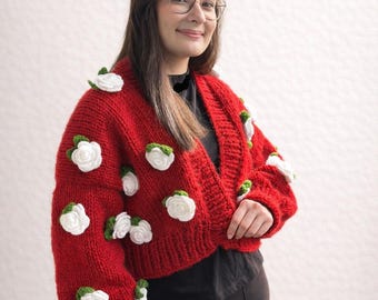 Handmade Red Knit Cardigan – Chunky Crochet Sweater with White Roses