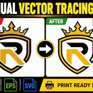 May include: A comparison graphic showing manual vector tracing with a blurry logo on the left labeled BEFORE and a sharp, clean version on the right labeled AFTER. The logo features a yellow crown atop a shield containing a stylized letter R.