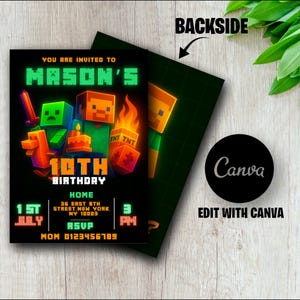 Invitación de cumpleaños editable de tendencia, invitación de cumpleaños de artesano, invitación digital de Mine, invitación de jugador, Canva editable