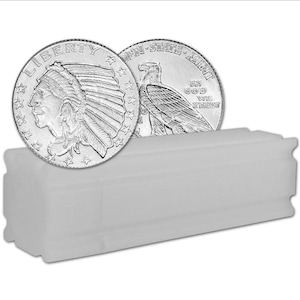 May include: Two silver coins with detailed engravings of a Native American in a headdress and an eagle. The coins are partially visible, resting on a white rectangular coin tube. The coins are marked with the words "LIBERTY" and "IN GOD WE TRUST".