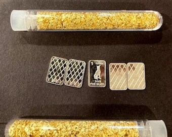 Pure .999 Fine Silver Bars (X5) Bullion Estate Lot & Vials Gold Flakes 24k Coin