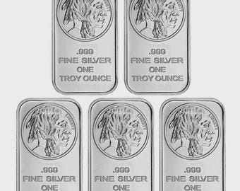 Lot of 5 - 1 Troy oz Buffalo .999 Fine Silver Bar Sealed