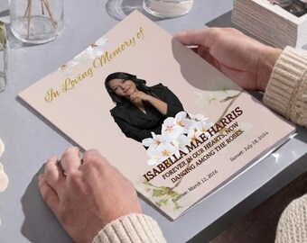 Funeral Program Template Printable | Memorial Program Canva Editable | Modern Clean Pink Bifold 8 Pages | Instant Download