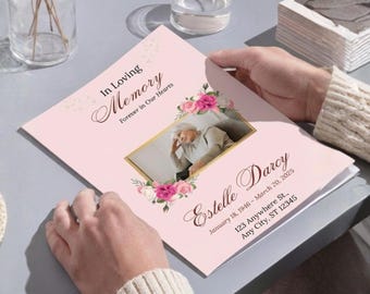 Funeral Program Template Bifold | Memorial Program Canva Editable | Elegant Pink Floral Celebration of Life | Instant Download