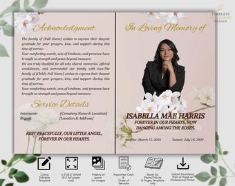 Funeral Program Template Printable | Memorial Program Canva Editable | Modern Clean Pink Bifold 8 Pages | Instant Download