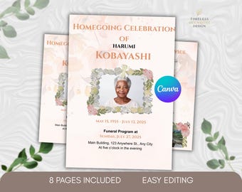 Funeral Program Template Editable Canva | Memorial Program Bifold 8 Pages | Celebration of Life Floral