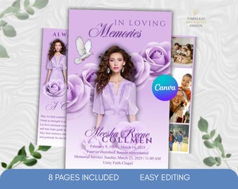 Purple Floral Funeral Program Template, 8-Page Memorial Booklet (Canva, Digital Download)