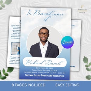 May include: A memorial card design featuring a portrait of Richard Daniel. The design includes the text "In Remembrance of" and details such as birth and passing dates, memorial service information, and the phrase "Forever in our hearts and memories."