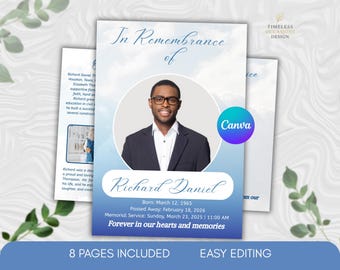 Funeral Program Template Bifold | Blue Neutral Memorial Service (Digital Download)