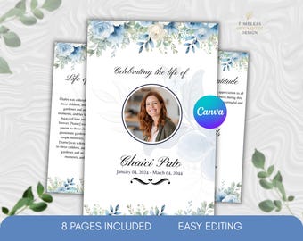 Funeral Program Template Editable Canva | Blue Floral Memorial Program Bifold | Celebration of Life Printable