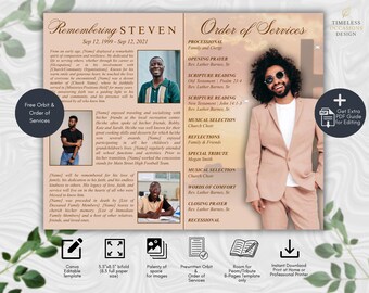 Funeral Program Template 5.5x8.5 Bi-Fold, Cross Obituary Template, Celebration of Life Canva Editable