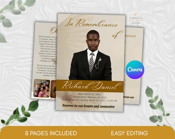 Floral Funeral Program Template | Editable Memorial Bifold (Instant Download)