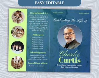 Religious Funeral Program Template | Christian Memorial Program Bifold | Editable Canva Order of Service