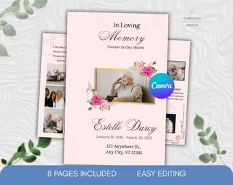 Funeral Program Template Bifold | Memorial Program Canva Editable | Elegant Pink Floral Celebration of Life