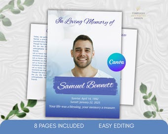Funeral Program Template 8 Page Canva | Memorial Program Editable | Celebration of Life Blue Elegant Style | Instant Download