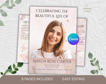 Funeral Program Template, 8-Page Memorial Canva | Light Pink Floral Celebration of Life (Digital Download)