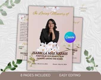 Funeral Program Template Printable | Memorial Program Canva Editable | Modern Clean Pink Bifold 8 Pages | Instant Download