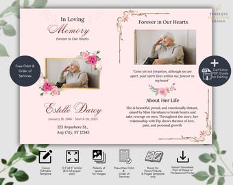 Funeral Program Template Bifold | Memorial Program Canva Editable | Elegant Pink Floral Celebration of Life