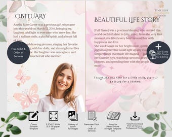 Funeral Program Template, 8-Page Memorial Canva | Light Pink Floral Celebration of Life (Digital Download)