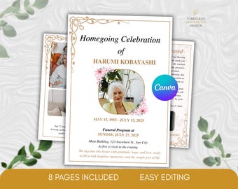 Funeral Program Template Bifold Canva | Memorial Program Editable | Celebration of Life Floral Design | Instant Download