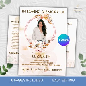 Pode incluir: Design de cartão de memorial com foto de mulher, detalhes florais e o texto "In Loving Memory of Elizabeth". Inclui detalhes de nascimento, falecimento e serviço memorial. O design também inclui "8 Pages Included" e "Easy Editing".