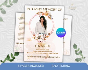 Funeral Program Template Editable Canva | Memorial Program 8 Page Bifold | Soft Elegant Style | Instant Downlaod