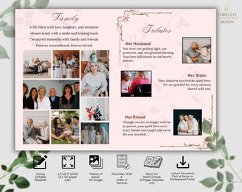 Funeral Program Template Bifold | Memorial Program Canva Editable | Elegant Pink Floral Celebration of Life | Instant Download