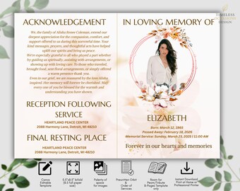 Funeral Program Template Editable Canva | Memorial Program 8 Page Bifold | Soft Elegant Style | Instant Downlaod