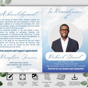 May include: A funeral program template featuring a blue sky background with clouds. The left side includes an acknowledgement text, while the right side displays a circular photo of Richard Daniel, his birth and death dates, and service details.