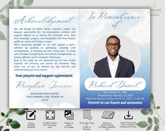 Funeral Program Template Bifold | Blue Neutral Memorial Service (Instant Download)