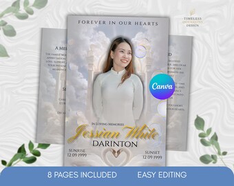 Elegant Funeral Program Template | Memorial Bifold, Celebration of Life (Canva Editable, Printable PDF)
