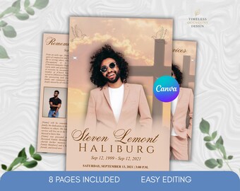 Funeral Program Template, Bi-Fold Obituary Canva Editable (8.5x5.5)