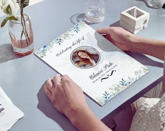 Celebration of Life Program Template | Blue Floral Funeral Memorial Program | Editable Canva Bifold
