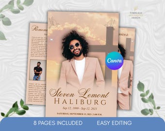 Funeral Program Template 5.5x8.5 Bi-Fold, Cross Obituary Template, Celebration of Life Canva Editable