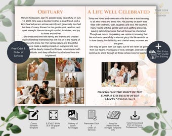 Funeral Program Template Editable Canva | Memorial Program Bifold 8 Pages | Celebration of Life Floral