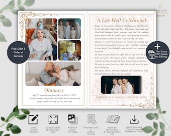 Funeral Program Template Bifold Canva | Memorial Program Editable | Celebration of Life Floral Design | Instant Download