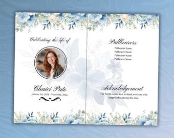 Celebration of Life Program Template | Blue Floral Funeral Memorial Program | Editable Canva Bifold