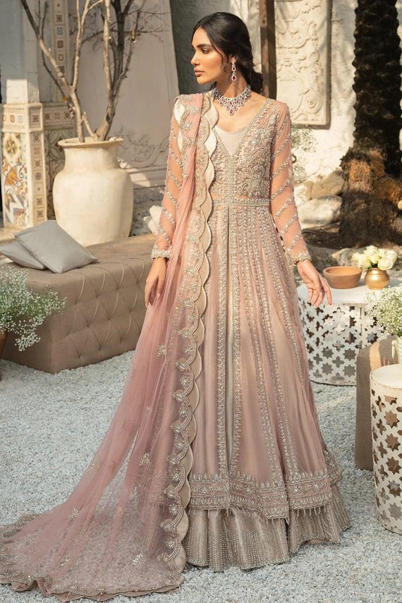 Pink Pakistani Indian Bridal Pishwas With Lehenga Maxi Dress