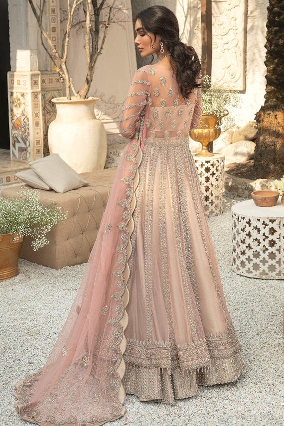 Pink Pakistani Indian Bridal Pishwas With Lehenga Maxi Dress