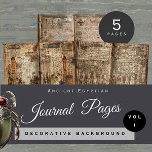 May include: Five pages of ancient Egyptian papyrus featuring detailed hieroglyphics and illustrations of figures, alongside a metallic scarab beetle ornament. The text includes the words 5 PAGES, ANCIENT EGYPTIAN Journal Pages, and VOL 1.