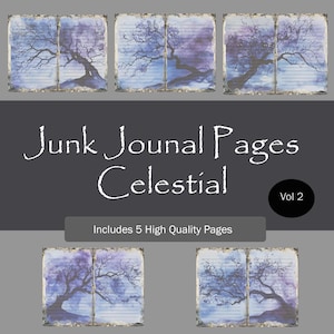 Blauwe en paarse Celestial Junk-dagboekpagina's, digitale papieren kosmische boom lavendel en kobalt, plakboek sterrennachthemel, #moon