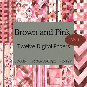 Papéis digitais marrons e rosa, páginas de origami imprimíveis rosadas, impressões artesanais quadradas em tons de blush e bronze, materiais para projetos de scrapbook, #cores