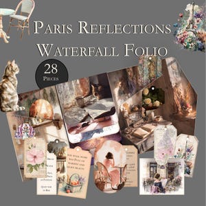May include: A collection of 28 pieces of Parisian-themed ephemera, including tags, and illustrations. The design features watercolor images of cafes, flowers, and a woman at a table. The text includes "Paris Reflections" and "Waterfall Folio".