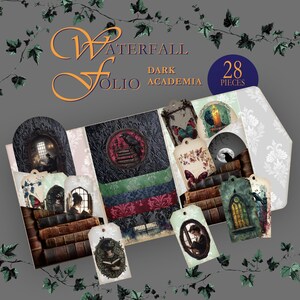 May include: A dark academia-themed paper craft kit. The kit includes a decorative folio with a raven and book design, patterned papers, and 28 pieces. The design features illustrations of books, butterflies, and people reading.