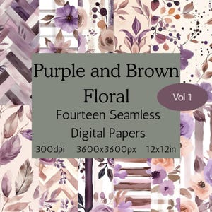 Digitale papieren met paarse en bruine bloemen, afdrukbare origamipagina's met lavendel en brons, vierkante knutselbladen, benodigdheden voor scrapbooking, #kleuren