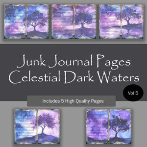 Pagine di diario spazzatura celeste blu e viola, carte digitali Cosmic Tree color lavanda e cobalto, album di ritagli del cielo notturno stellato, #luna