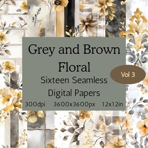 Digitale papieren met bruine en grijze bloemen, afdrukbare origamipagina's met mistige bloem, naadloze vierkante ambachtelijke prints, plakboek, projectpapier, #mist