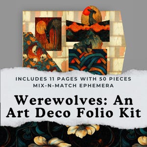 Diário de lobisomens Art Déco, papéis digitais laranja e azul, álbum de recortes de lobo, diário de meditação de Halloween, itens efêmeros #horror