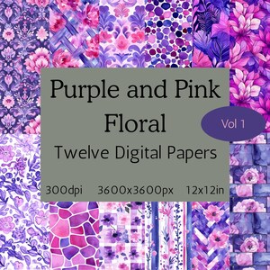 Papéis digitais rosa e roxo, páginas de origami florais rosa e lilás para impressão, impressões artesanais quadradas em tom blush, scrapbook, papéis para projetos, #rosa