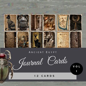 May include: A set of 12 Ancient Egypt journal cards featuring various historical illustrations including a cat, scarab, Anubis, maps, and hieroglyphics. The dark gray promotional overlay displays the text Ancient Egypt Journal Cards Vol 1.